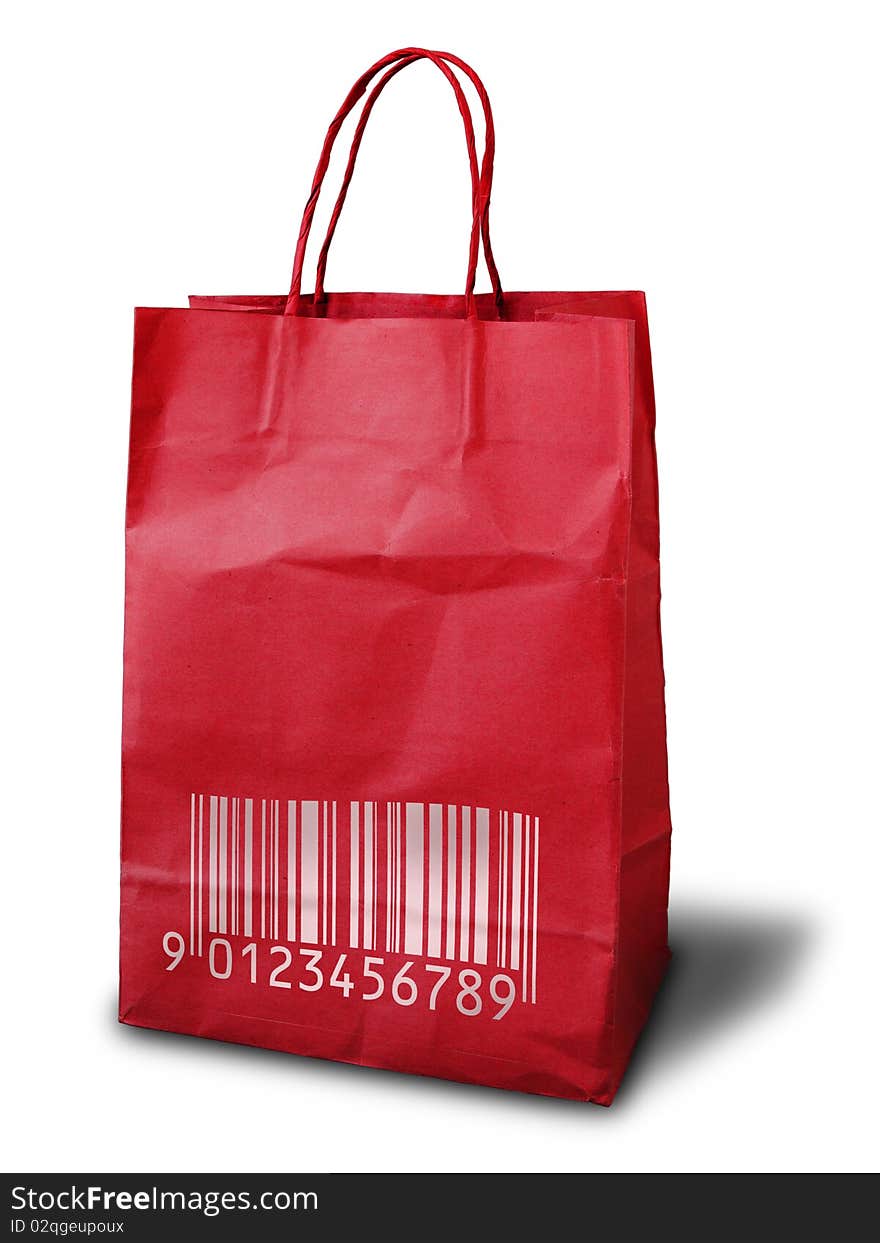 Red Crumpled paper bag bar code print on reflect floor