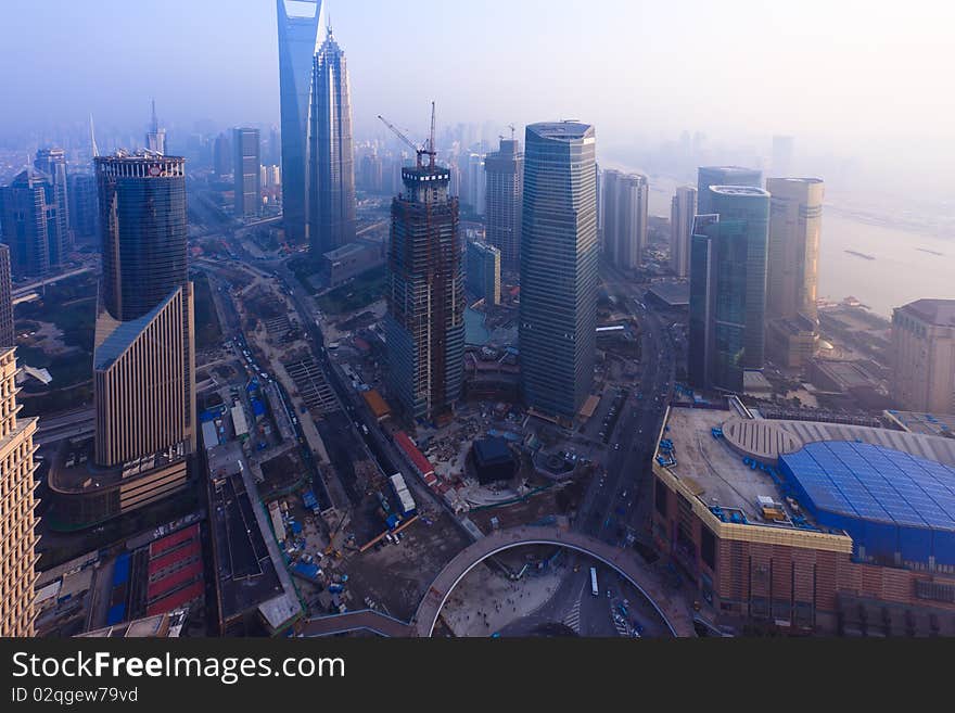 Bird's eye view of Shanghai Pudong .