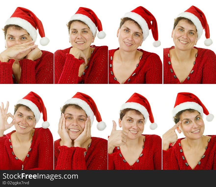 Woman in a Santa Claus hat on white background