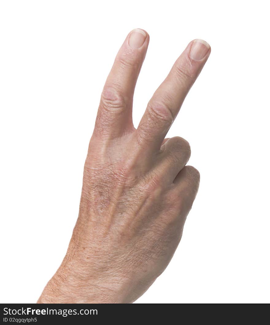 Two finger sign of peace or counting two against pure white background. Two finger sign of peace or counting two against pure white background.