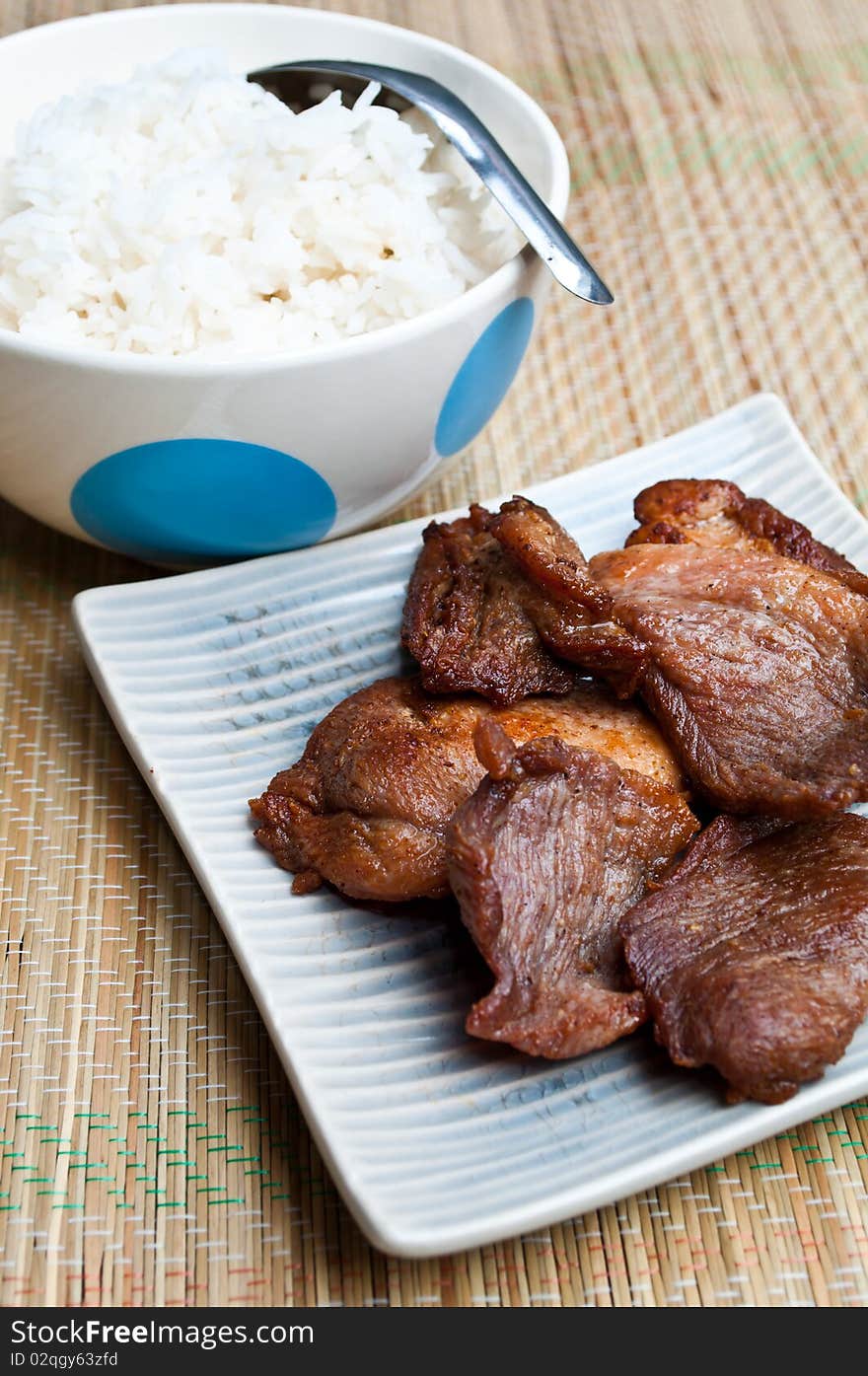 Rice in bowl with fry pork easy thai food. Rice in bowl with fry pork easy thai food