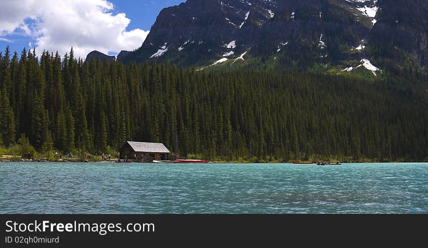 Lake Louise Boat House with canoes