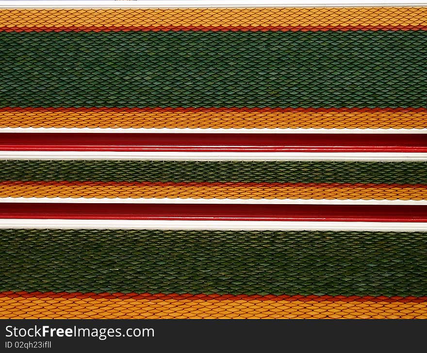 Bueautiful roofing of temple building.It was color in green and orange color.