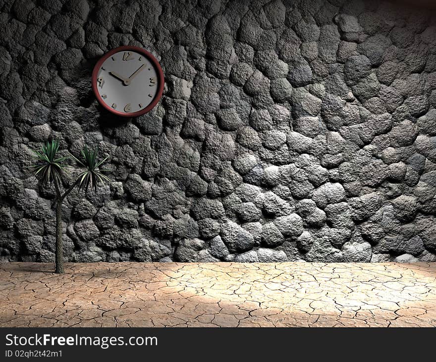 A clock on a stone wall with spot light and cracked earth with copy space. A clock on a stone wall with spot light and cracked earth with copy space.