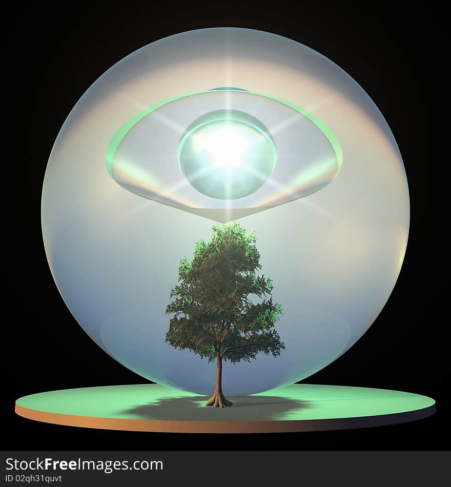 A crystal ball with eye watching over green tree. A crystal ball with eye watching over green tree.