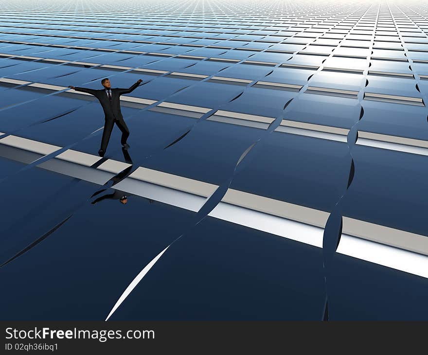 A businessman balancing on perspective grid background. A businessman balancing on perspective grid background.