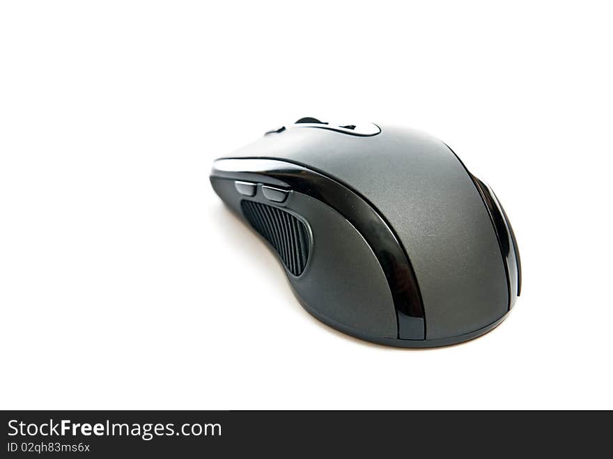 One black pc mouse isolated on white background. With soft shadow