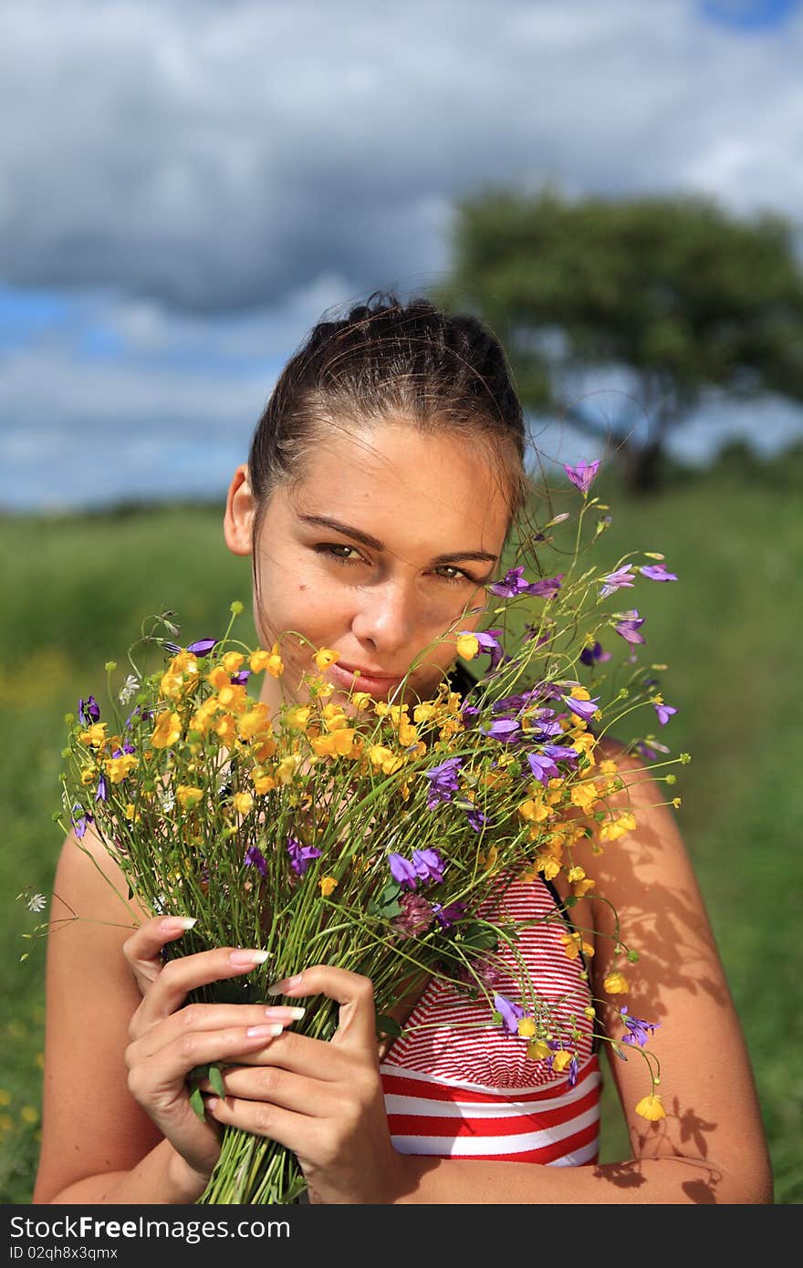 Girl is gathering bouquet in a field. Girl is gathering bouquet in a field