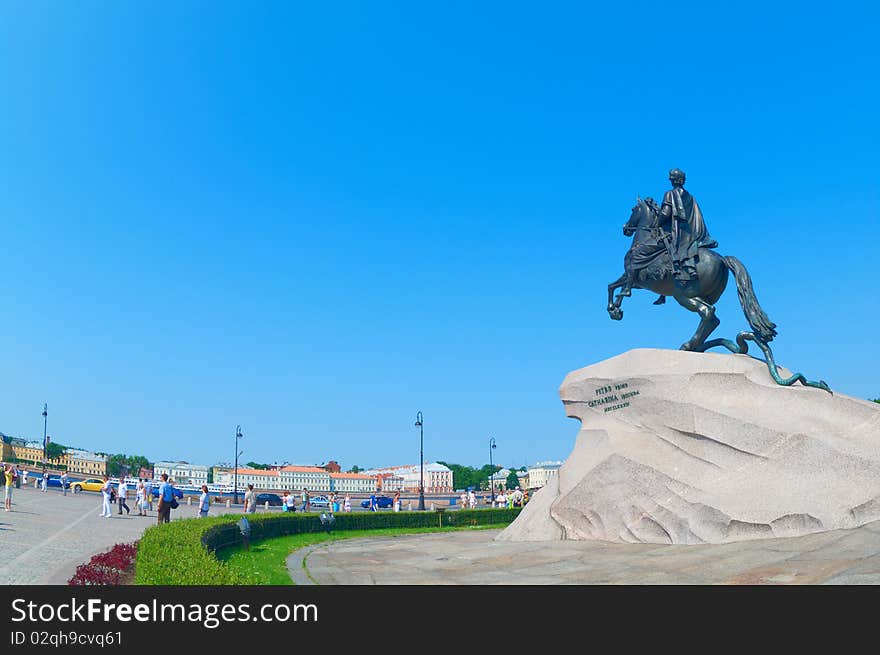 The great monument to the Russian tsar in St. Petersburg, which is called The Bronze Horseman