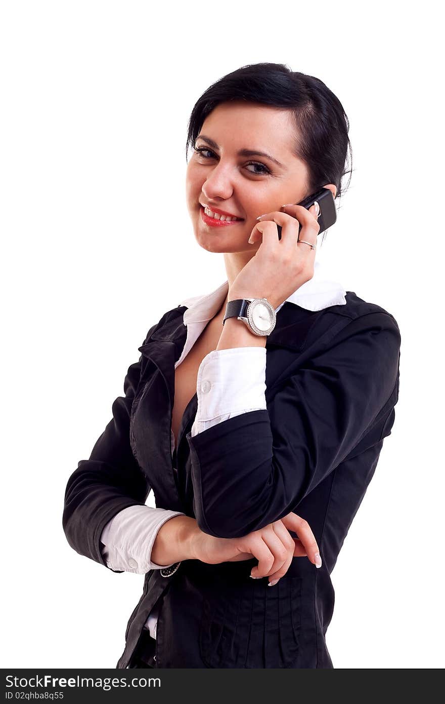 Business woman speaking on the phone. Isolated on the white background. Business woman speaking on the phone. Isolated on the white background