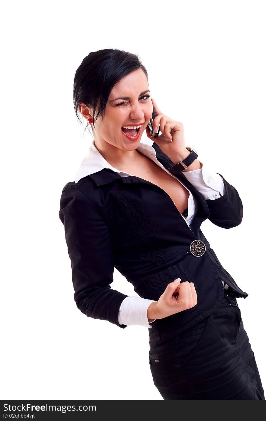 Surprised business woman receiving surprising news by phone