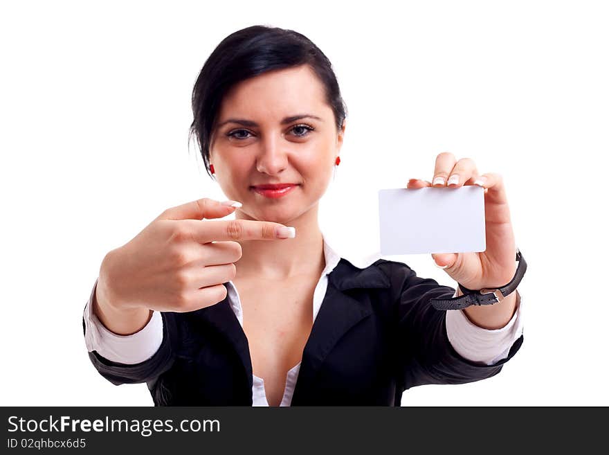 Portrait of business woman in suit holding her visiting card. Portrait of business woman in suit holding her visiting card