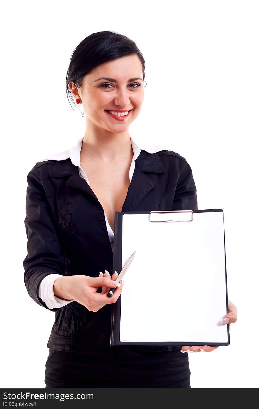 Cheerful beautiful business woman shows a blank clipboard over white background. Cheerful beautiful business woman shows a blank clipboard over white background.