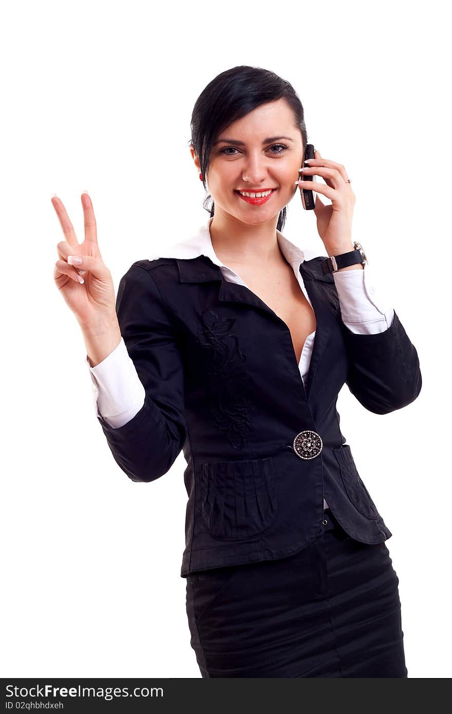 Happy business woman with phone and victory gesture, isolated. Happy business woman with phone and victory gesture, isolated