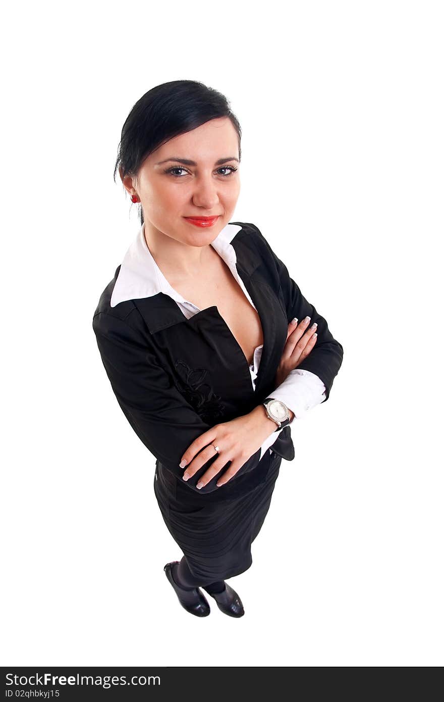 Dynamic view of serious business woman looking at the camera