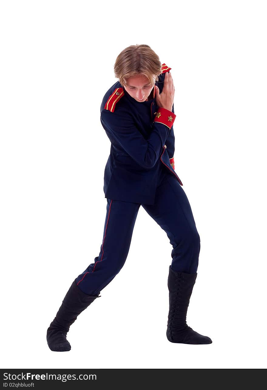 Picture of a ballet figurant giving a bow over white background, pose from Shakespeare's Othello