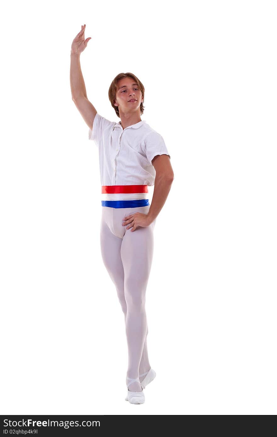 Young man dancing ballet isolated on white background, full lenght portrait.