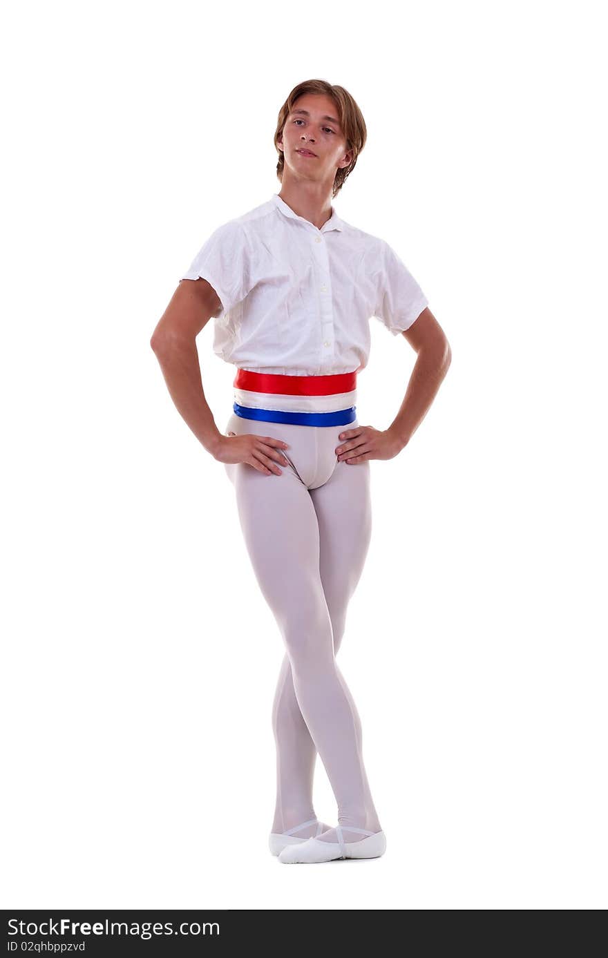 Posing for the camera - young male ballet dancer on a white background