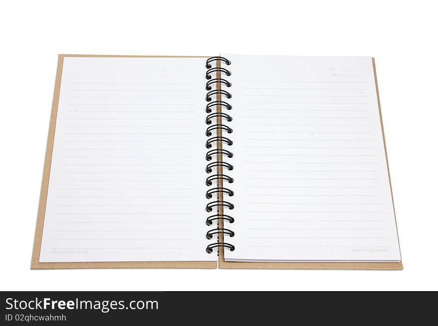 Recycled paper notebook cover open in isolated