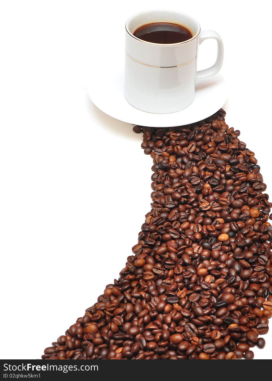 Coffee cup and grain on white background