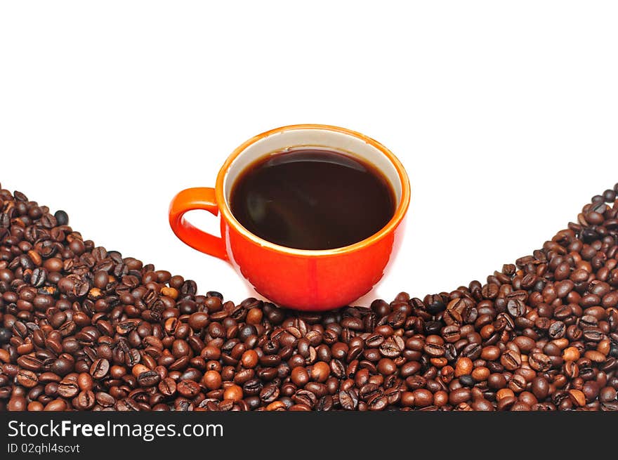 Coffee red cup and grain on white background