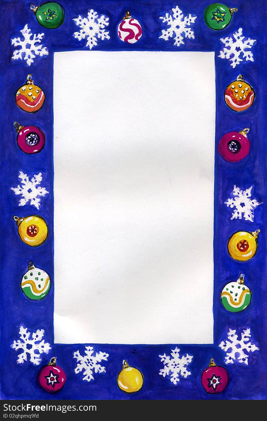 A blue border with seasonal, Christmas design, including snowflakes and coloured decorations. The design is in watercolours and is hand drawn. A blue border with seasonal, Christmas design, including snowflakes and coloured decorations. The design is in watercolours and is hand drawn.