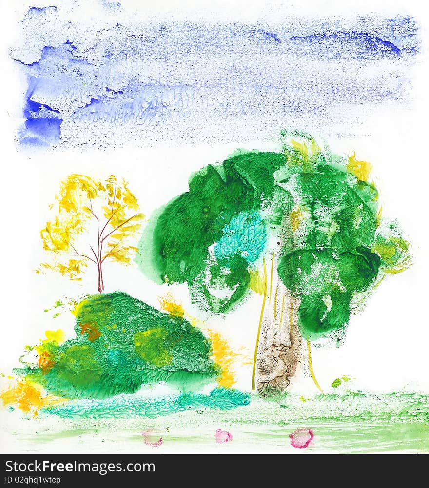 Drawn watercolor landscape, naive style