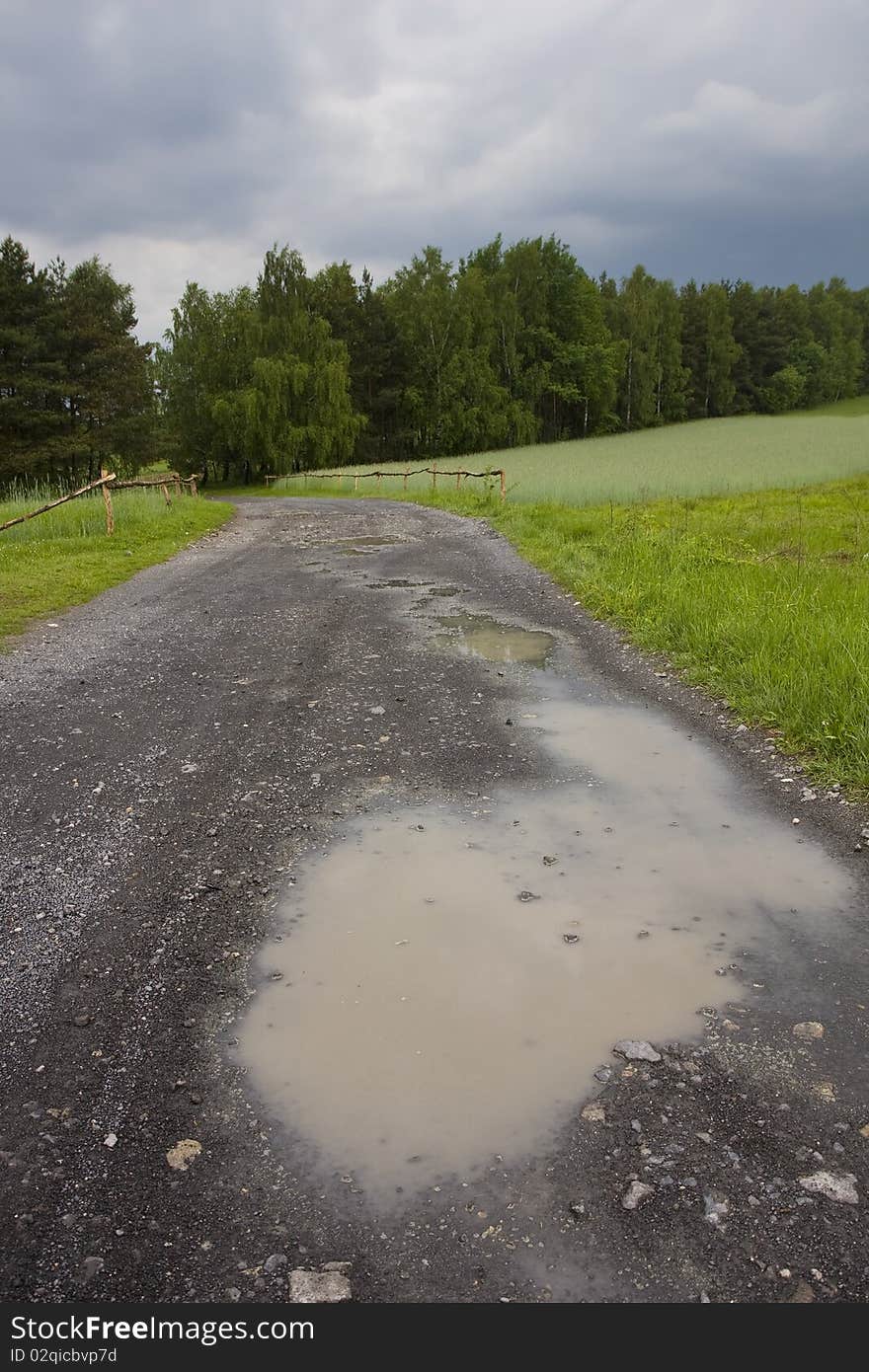 Puddles on a rural road