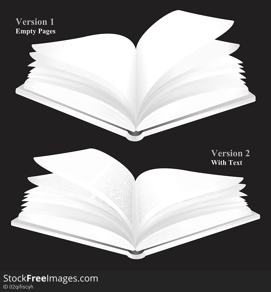 Illustration of an opened book in two versions one with text, one without. File includes clipping path.