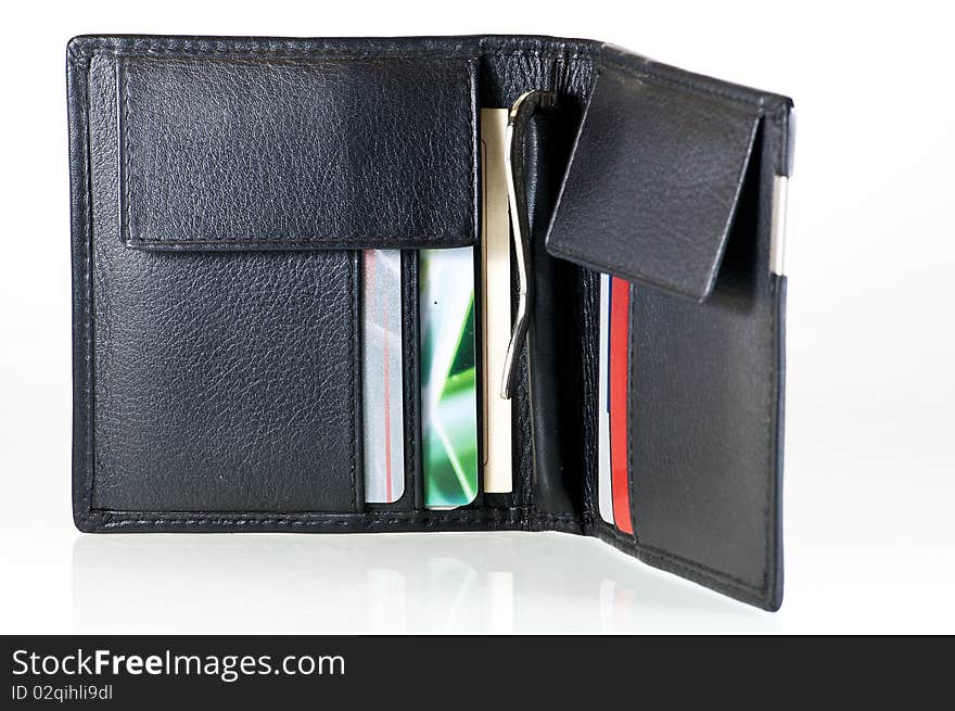 Stylish black leather walley holding different credit cards. Stylish black leather walley holding different credit cards