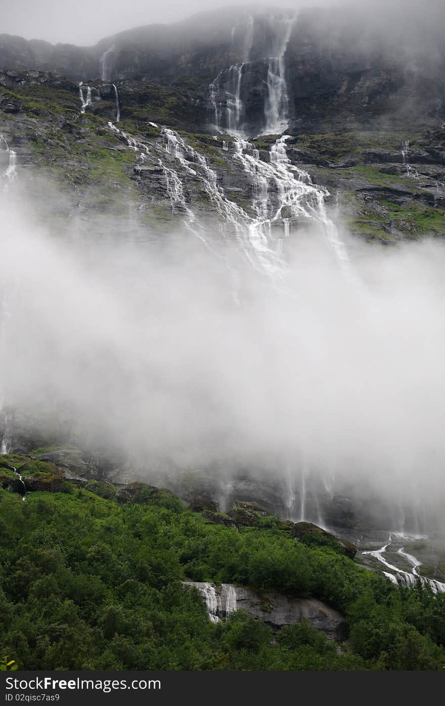 Waterfall above Lovatnet Lake, Norway