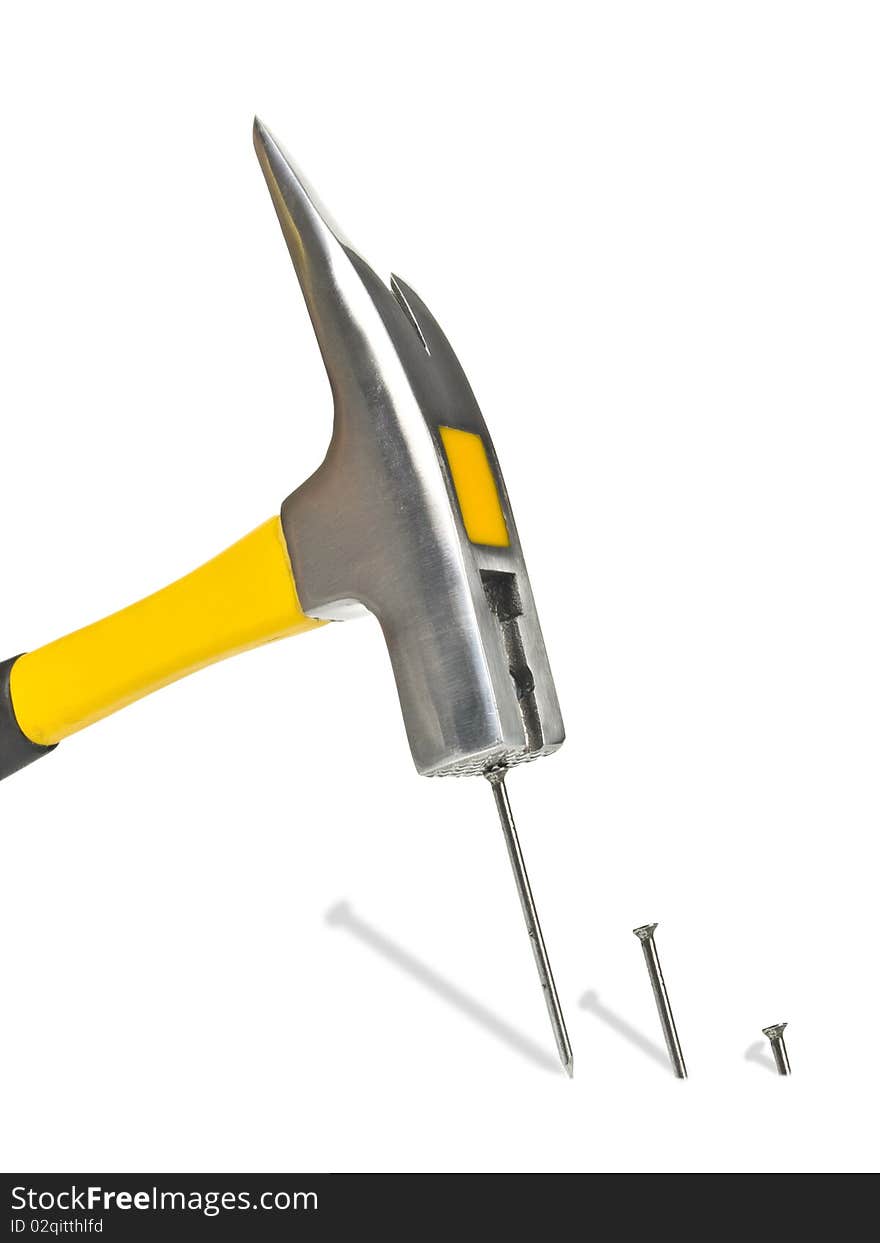 Hammering nails in white background. Hammering nails in white background