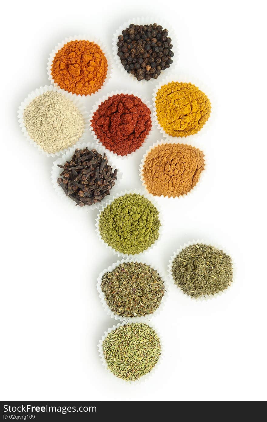 Different tipes of spice spices on white background