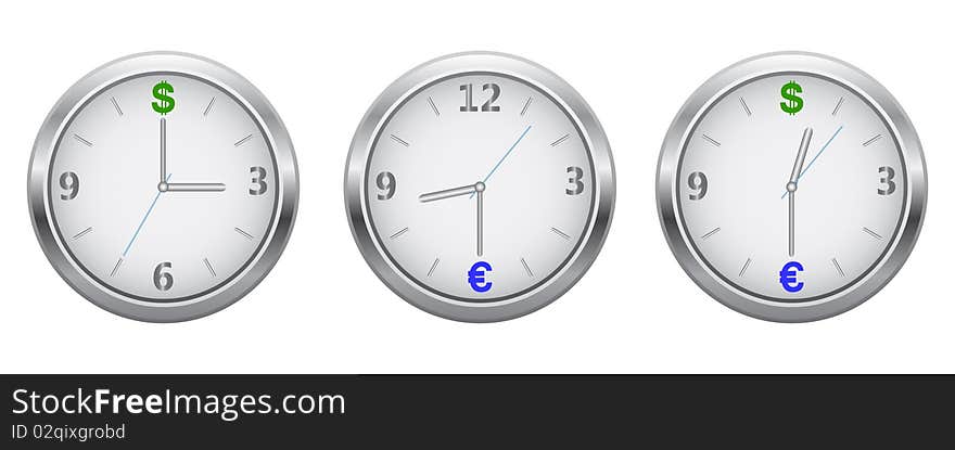 Vector dials silver clock with currency signs that put the dollar and euro. Vector dials silver clock with currency signs that put the dollar and euro