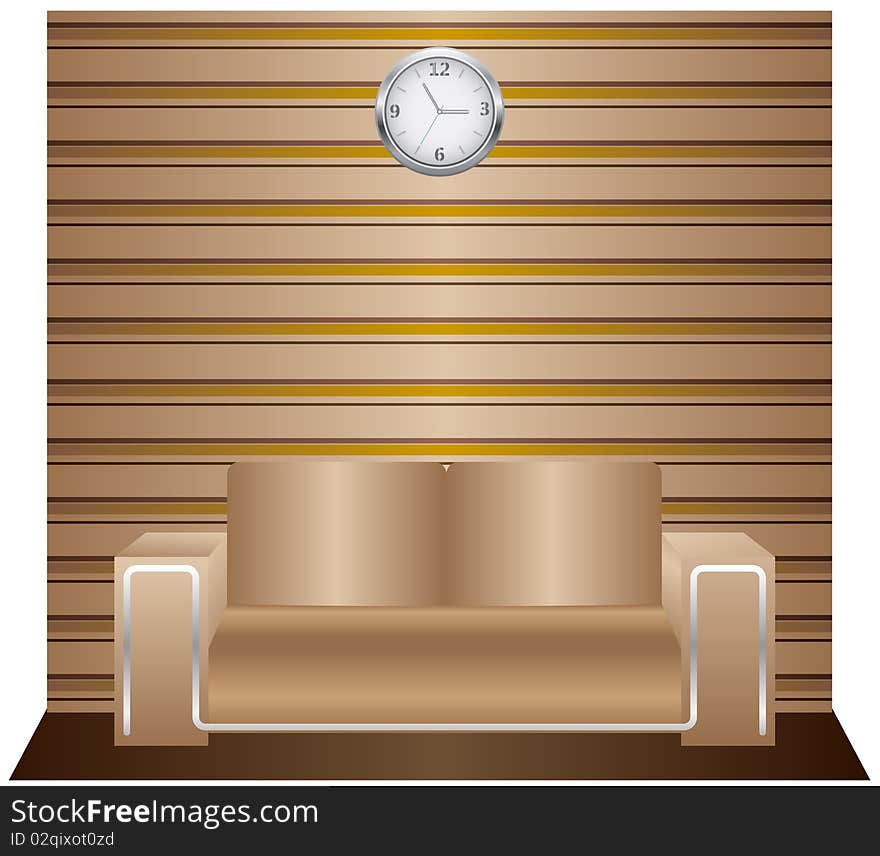 Vector sofa standing against the background of a striped wall clock. Vector sofa standing against the background of a striped wall clock