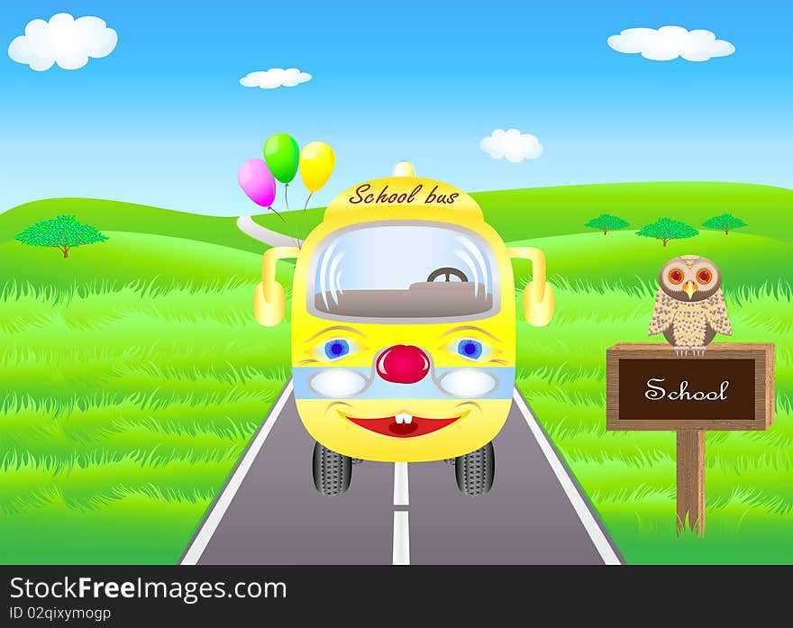 Vector summer landscape with yellow school bus and an owl sitting on a traffic sign