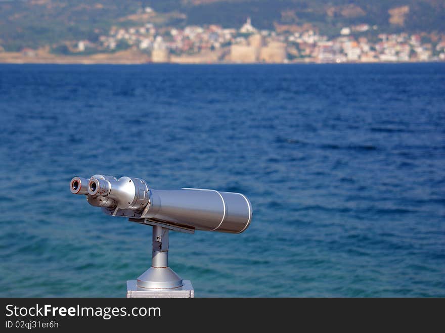 Binocular for looking over the sea at the city