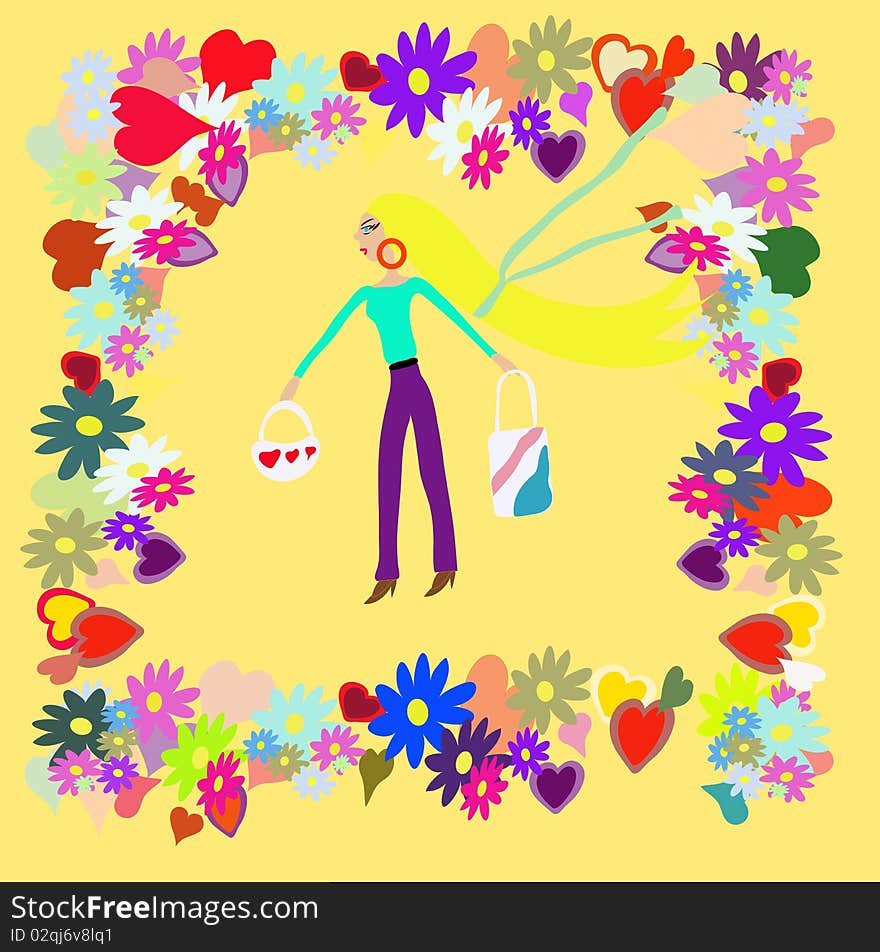 Blonde in frame with flower and heart, , illustration