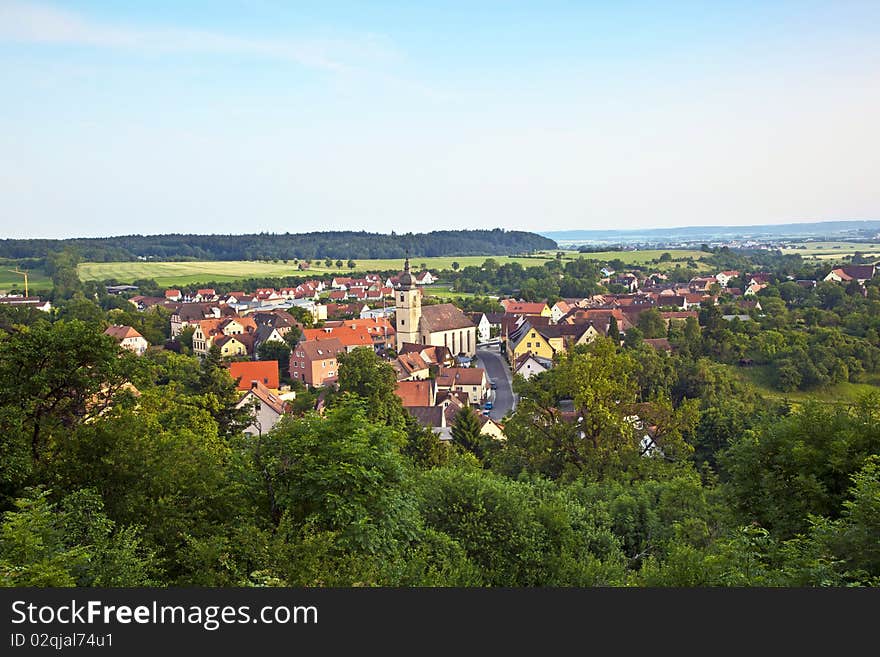 View to romantic village of Shillingsfuerst on romantic street in Bavaria