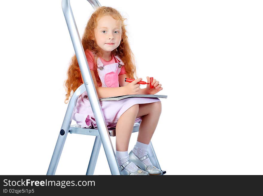 Portrait of a little girl sitting on steps and reading a book. Isolated over white background. Portrait of a little girl sitting on steps and reading a book. Isolated over white background.