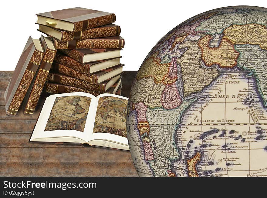 This image shows some old books, old and a globe on an old table. This image shows some old books, old and a globe on an old table.