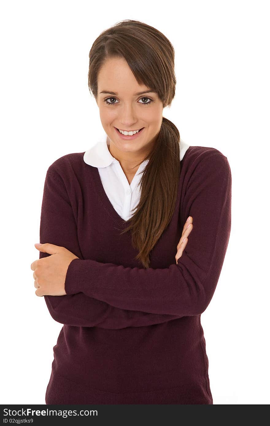 Young female student smiling to camera isolated on white. Young female student smiling to camera isolated on white