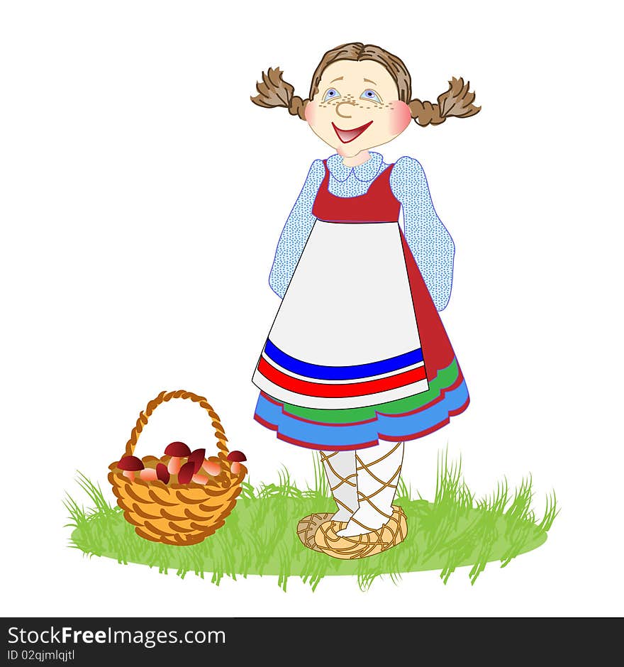 The girl in a sundress with a basket of mushrooms. The girl in a sundress with a basket of mushrooms