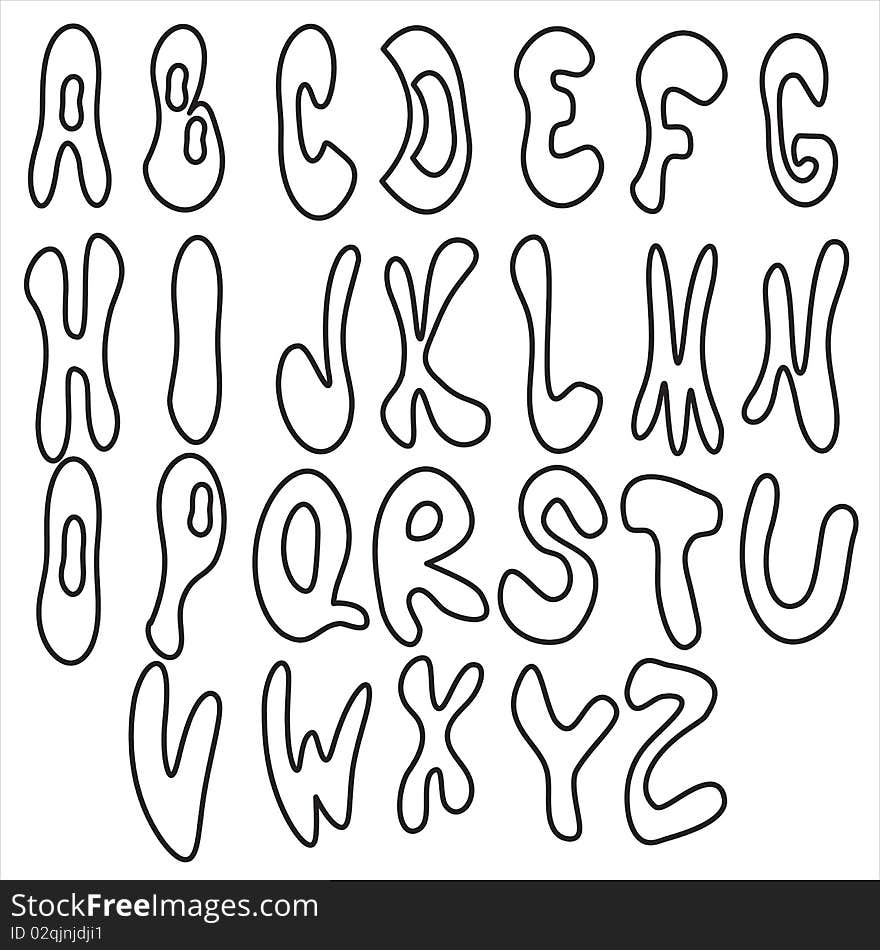 Alphabet:black-white letters in the contour, hand drawn