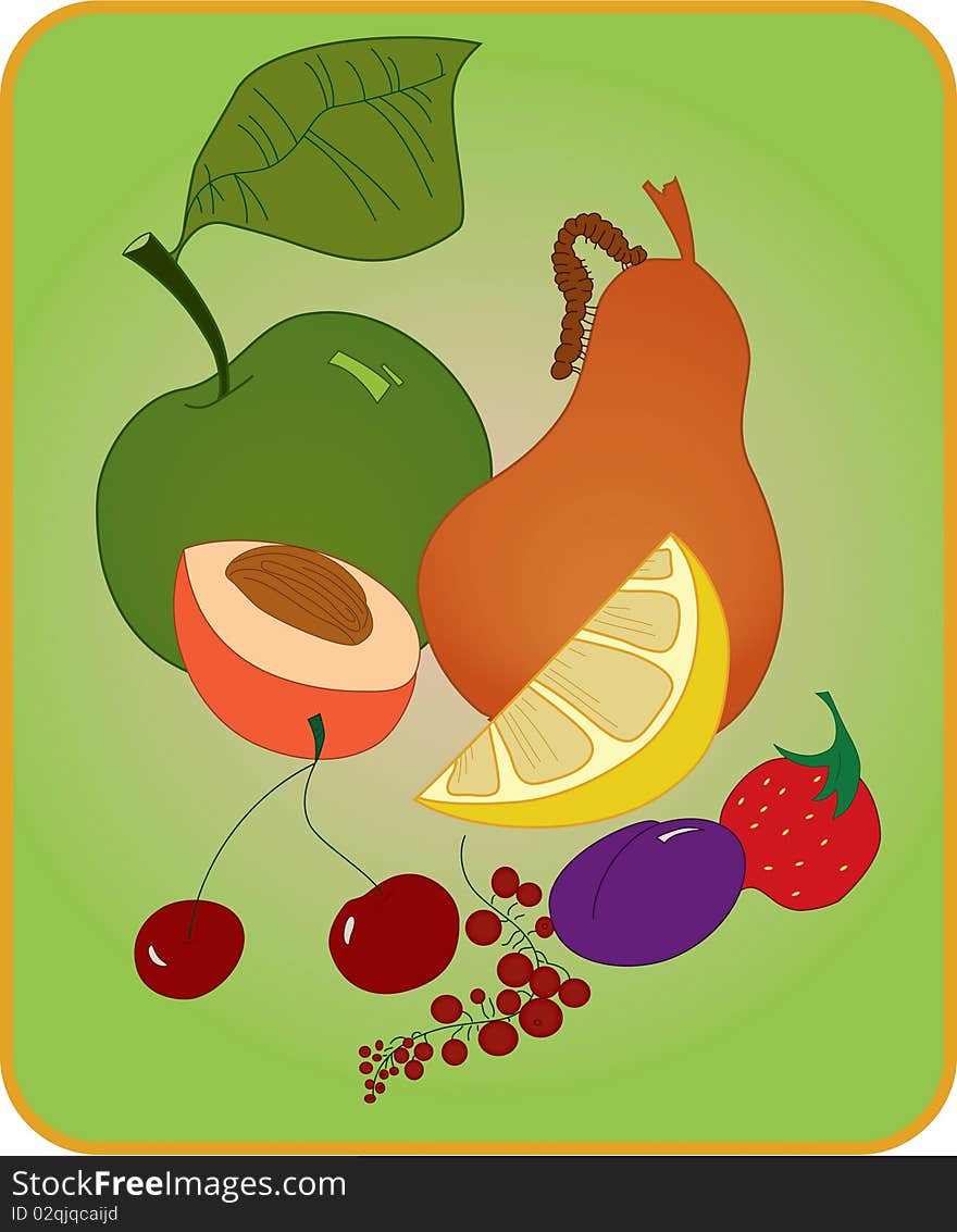 Illustration of apple ,pea , peach , cherries , drapes and strawberry. Illustration of apple ,pea , peach , cherries , drapes and strawberry