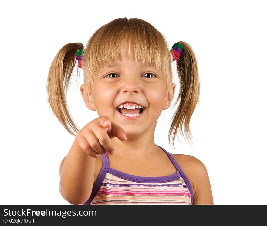 Funny little girl. Good for borders of articles or websites. Beautiful caucasian model. Isolated on white background.