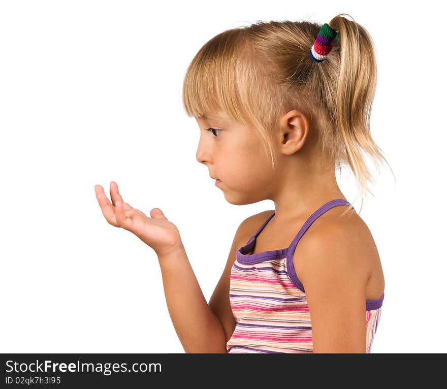 Funny little girl. Good for borders of articles or websites. Beautiful caucasian model. Isolated on white background.