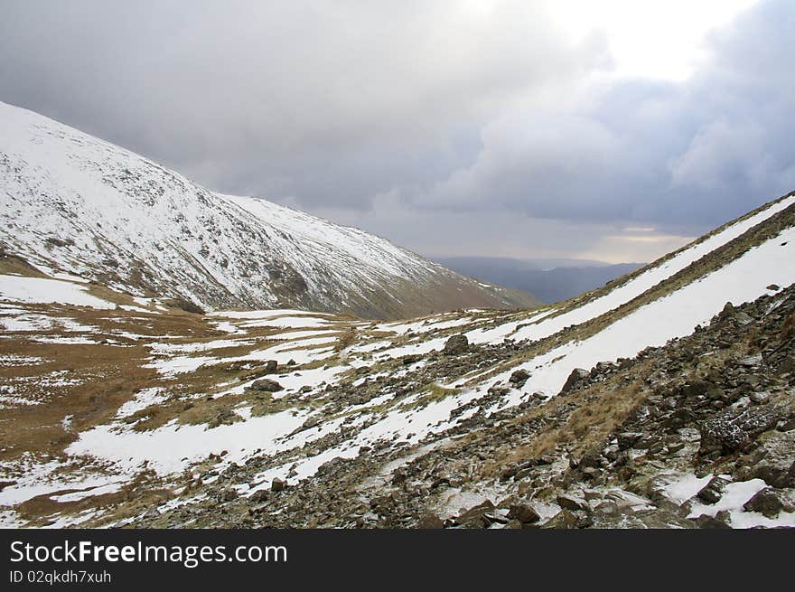 A valley in the Lake District in winter. A valley in the Lake District in winter.