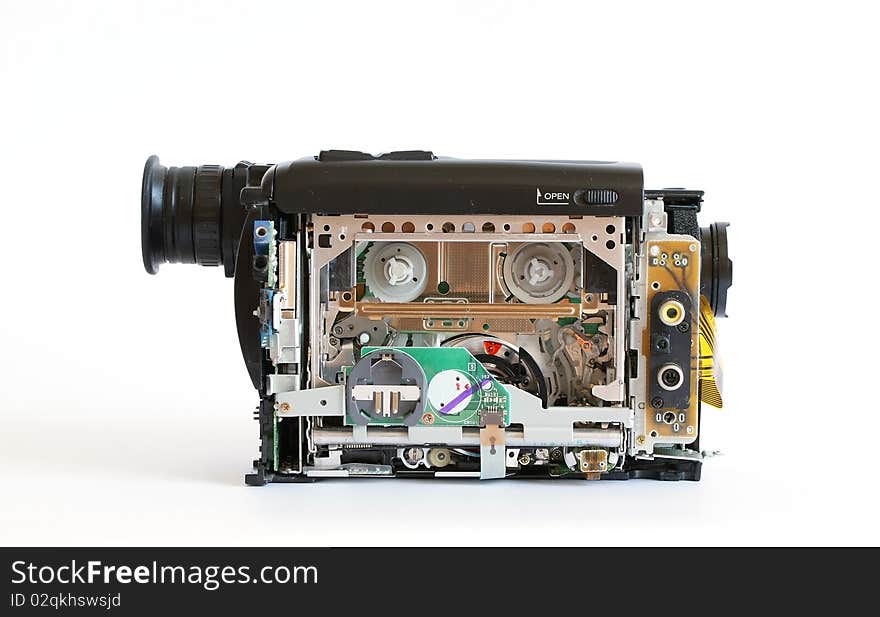 Camcorder with removed protective cover and open the internal mechanism