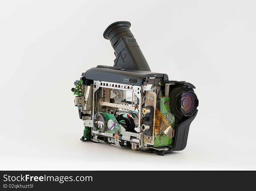 Camcorder with removed protective cover and open the internal mechanism